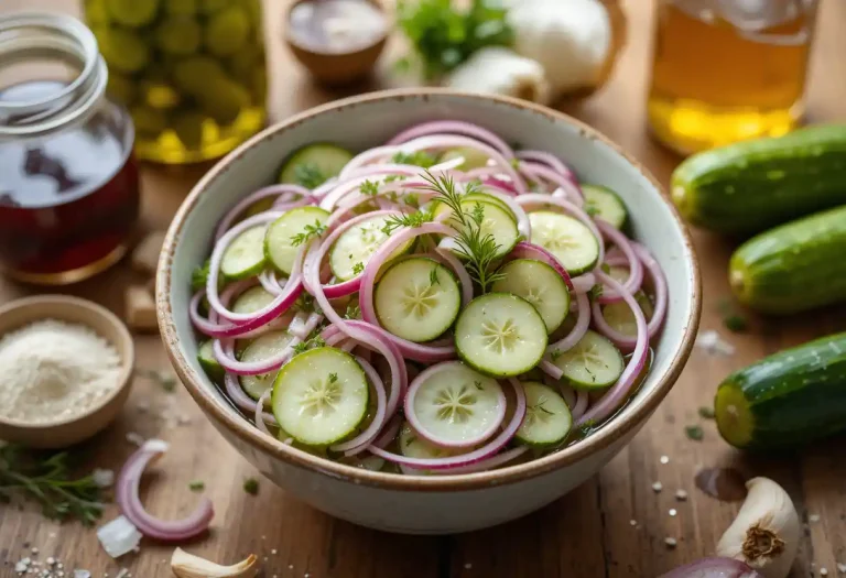 "Thinly sliced cucumbers tossed in tangy pickle juice with herbs and spices, served chilled as a crisp and refreshing salad or side dish."