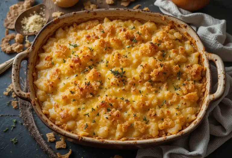 Golden-baked French Onion Funeral Potatoes topped with melted gruyère and crispy cracker crust in a rustic casserole dish, garnished with fresh thyme and caramelized onions, served on a dark slate background.