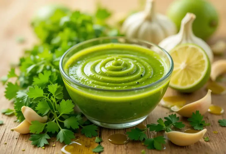 "Vibrant cilantro garlic sauce in a glass bowl surrounded by fresh cilantro leaves, garlic cloves, lime halves, and olive oil, showcasing its smooth texture and bright, fresh ingredients."
