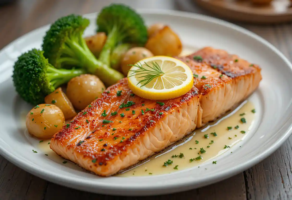 "Salmon, Broccoli, and Potatoes: A Nutritious and Comforting Meal in Every Bite!"