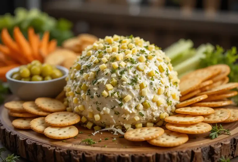 "Close-up of a creamy dill pickle cheese ball coated in chopped dill, shredded cheese, and diced pickles, served on a wooden board with crackers, pretzels, and fresh vegetable slices, styled as an elegant appetizer spread."