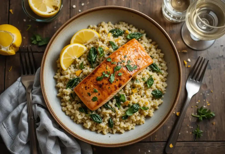 Alt text: Seared salmon with crispy golden skin served over creamy lemon orzo pasta, garnished with fresh parsley, spinach, and lemon zest in a rustic bowl, styled with natural lighting and a white wine glass on the side.