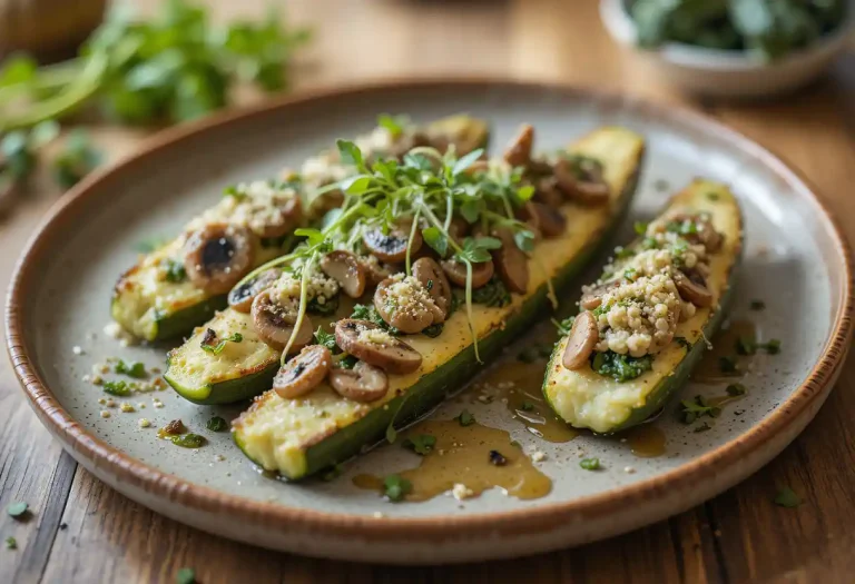 Beautifully roasted zucchini boats stuffed with a creamy spinach, mushroom, and ricotta filling, garnished with fresh herbs and microgreens, served on a rustic ceramic plate with a drizzle of olive oil.