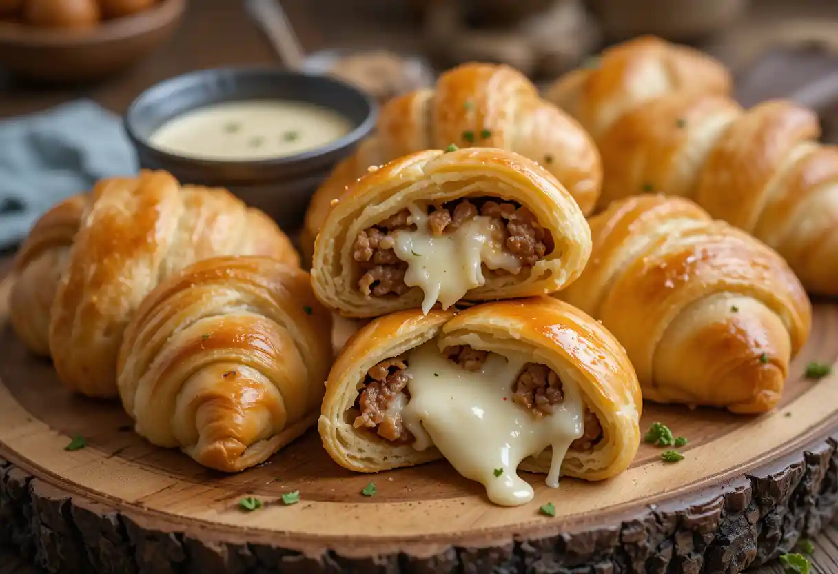 "Flaky golden crescent rolls filled with savory sausage and creamy cheese, topped with fresh herbs and served warm on a rustic wooden platter."