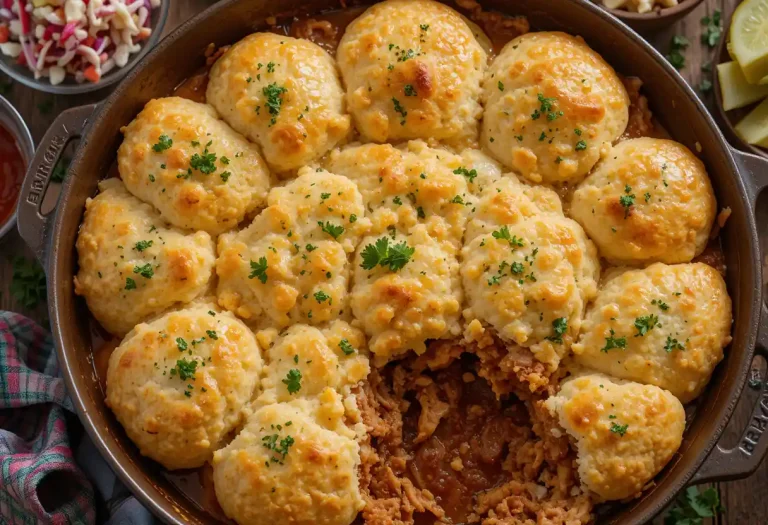 "Overhead view of a Cheddar Bay Pulled Pork Casserole in a rustic baking dish, topped with golden cheddar garlic biscuits and fresh parsley, with barbecue sauce and pulled pork visible beneath the biscuits."