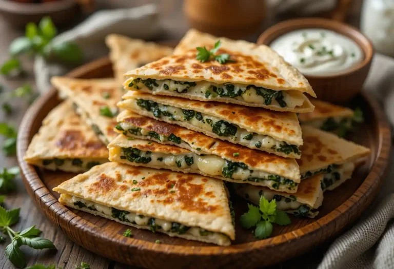 "Golden, crispy Spinach and Feta Quesadillas cut into triangles, garnished with fresh herbs, and served with a side of creamy sour cream on a rustic wooden plate, with warm, inviting kitchen lighting."