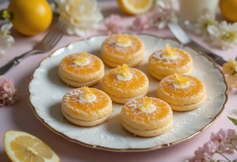 "Elegant lemon curd brûlée cookies with golden caramelized tops and glossy lemon centers, garnished with lemon zest and powdered sugar, beautifully arranged on a delicate plate."