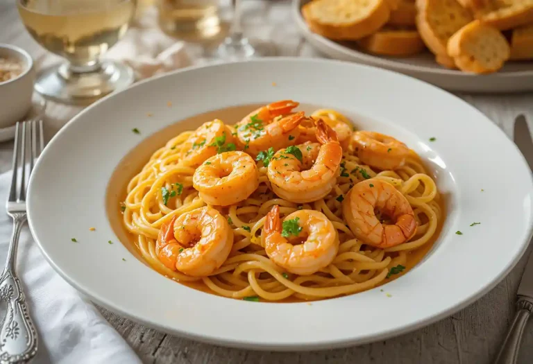 "Deliciously plated shrimp scampi with golden shrimp in a rich garlic butter sauce, served over pasta with fresh parsley, lemon zest, and accompanied by garlic bread and white wine."