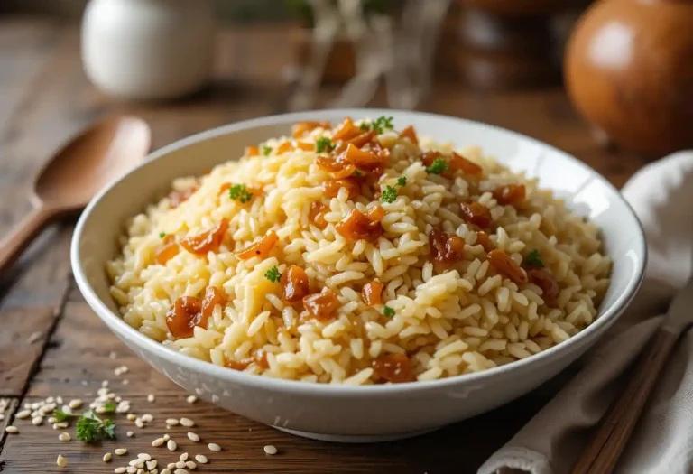 "A steaming bowl of Golden Onion Butter Jasmine Rice with fluffy, glistening grains infused with caramelized onions and rich melted butter. The dish is garnished with fresh parsley and toasted sesame seeds, served on a rustic wooden table with soft natural lighting, creating a warm and inviting atmosphere."