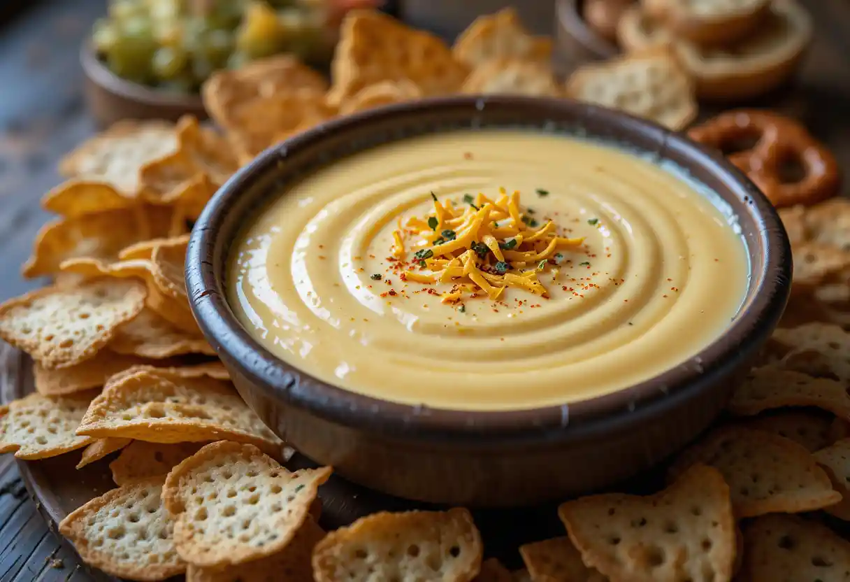 "Velvety Beer Cheese Dip served in a rustic ceramic bowl, garnished with shredded cheese, paprika, and fresh herbs, surrounded by pretzels, tortilla chips, and sliced baguette, set on a wooden table with warm lighting."