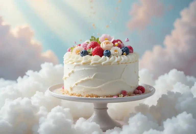 "Light and airy cloud cake with a soft, fluffy texture, topped with whipped cream and powdered sugar, served as a delicate, melt-in-your-mouth dessert."