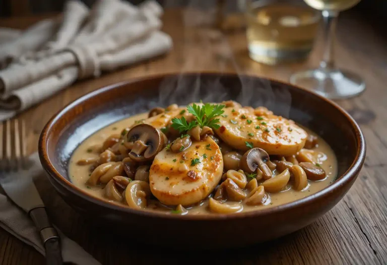 "A rustic ceramic bowl filled with creamy Chicken Mushroom Stroganoff, featuring tender seared chicken pieces in a rich mushroom sauce, garnished with fresh parsley. The dish is served over egg noodles, with steam rising gently, set on a cozy wooden table with a linen napkin and a glass of white wine nearby.