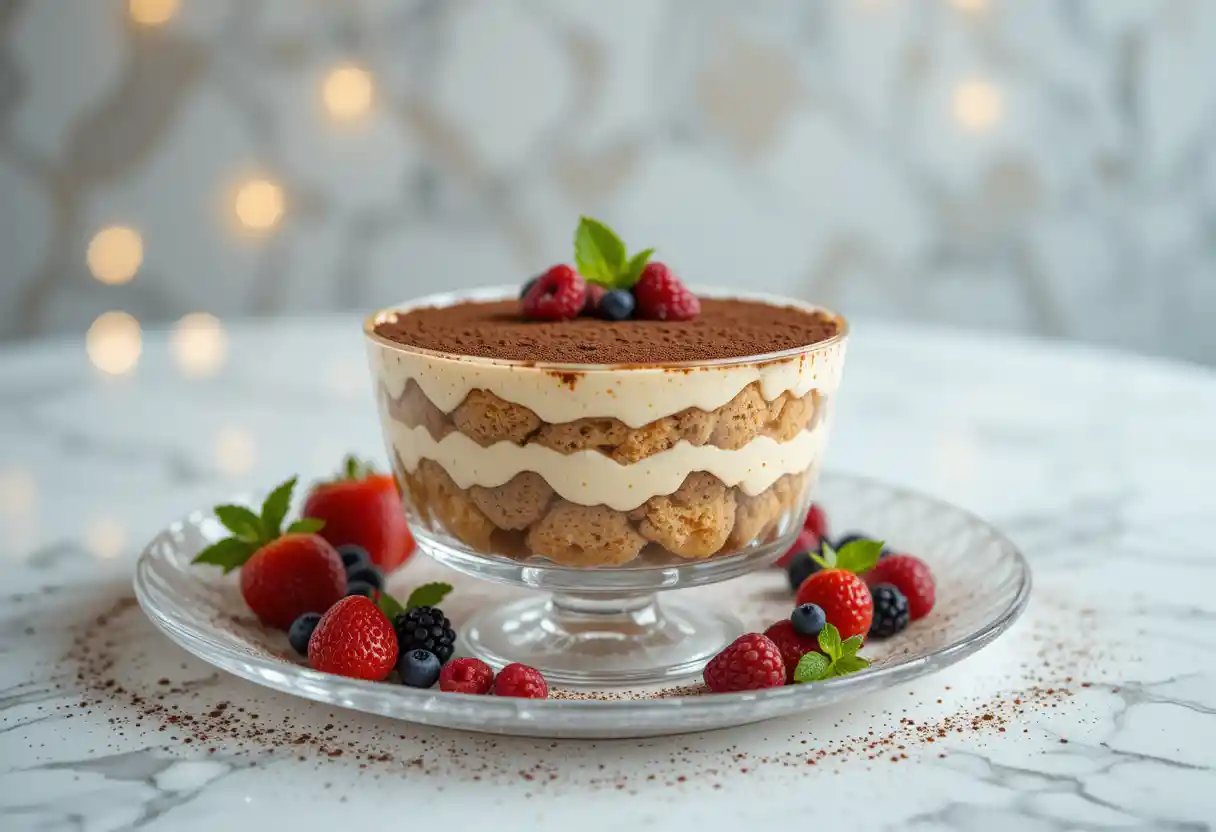 "A luxurious tiramisu dessert in a glass dish, showcasing layers of creamy mascarpone and coffee-soaked ladyfingers, elegantly garnished with fresh berries and mint leaves. The dessert is dusted with cocoa powder, set on a minimalist white marble surface, with soft lighting highlighting its rich, velvety texture. A high-end, refined atmosphere with blurred background lights."
