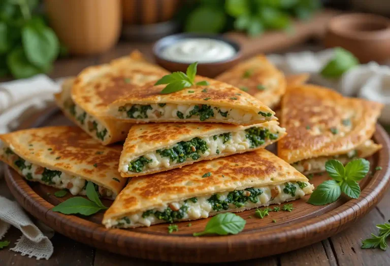 "Golden, crispy Spinach and Feta Quesadillas cut into triangles, garnished with fresh herbs and served with a side of creamy tzatziki sauce, placed on a rustic wooden plate with soft, warm lighting."