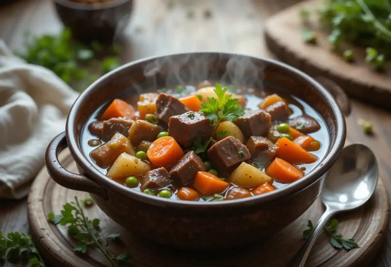 Delicious homemade beef stew served in a rustic bowl with tender beef chunks, vibrant vegetables like carrots, potatoes, and peas, garnished with fresh parsley, creating a warm, comforting meal perfect for cold days