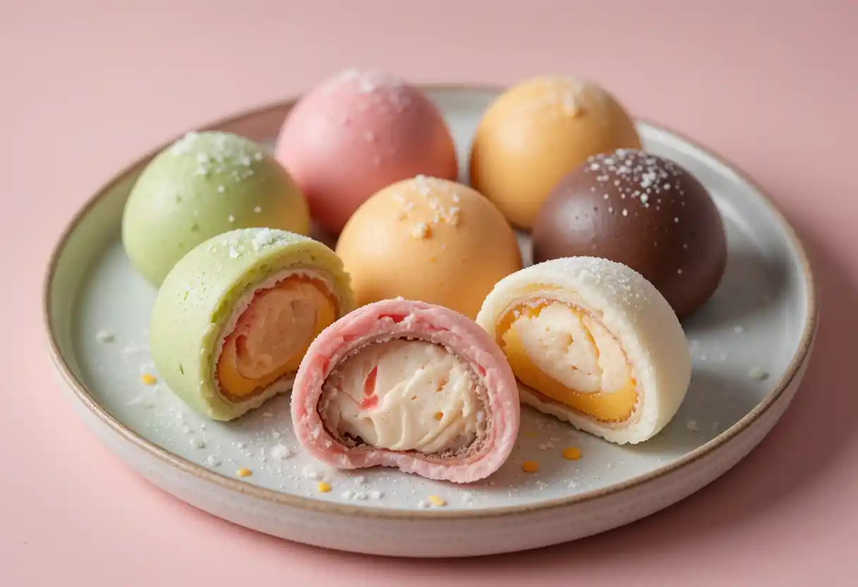 “A close-up of assorted mochi ice cream on a ceramic plate, featuring colorful flavors like matcha, strawberry, mango, chocolate, and vanilla. Each mochi is cut open to reveal the creamy ice cream inside, with a light dusting of starch on the soft, chewy outer layer. The scene is set against a pastel background with natural lighting and elegant presentation.”