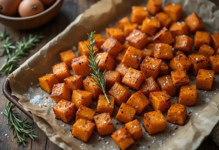"Golden, crispy roasted sweet potatoes with a perfectly seasoned exterior and tender interior, served as a flavorful and nutritious side dish."