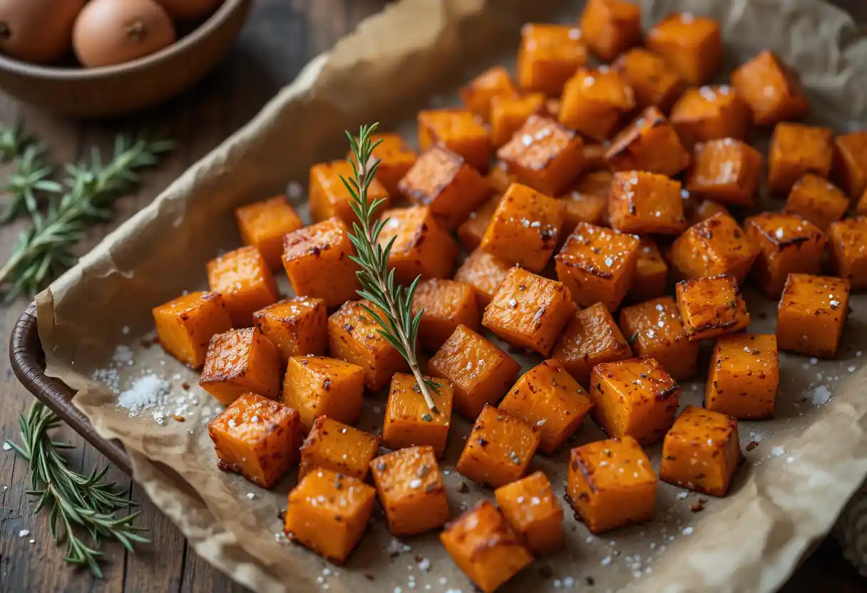 "Golden, crispy roasted sweet potatoes with a perfectly seasoned exterior and tender interior, served as a flavorful and nutritious side dish."