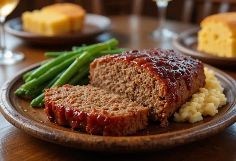 "Thick slices of Cracker Barrel-style meatloaf topped with a rich ketchup glaze, served with classic comfort sides like mashed potatoes and green beans."