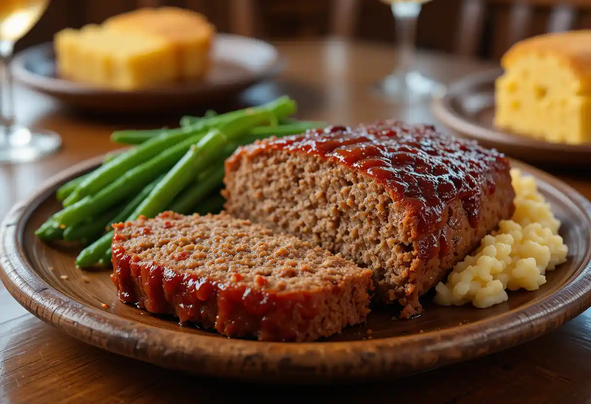 "Thick slices of Cracker Barrel-style meatloaf topped with a rich ketchup glaze, served with classic comfort sides like mashed potatoes and green beans."