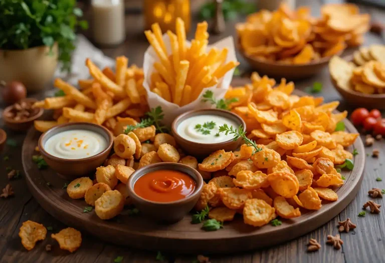 "Assorted easy air fryer snacks including crispy veggie chips, golden mozzarella sticks, and crunchy chicken bites, served on a platter for a quick and healthy treat."