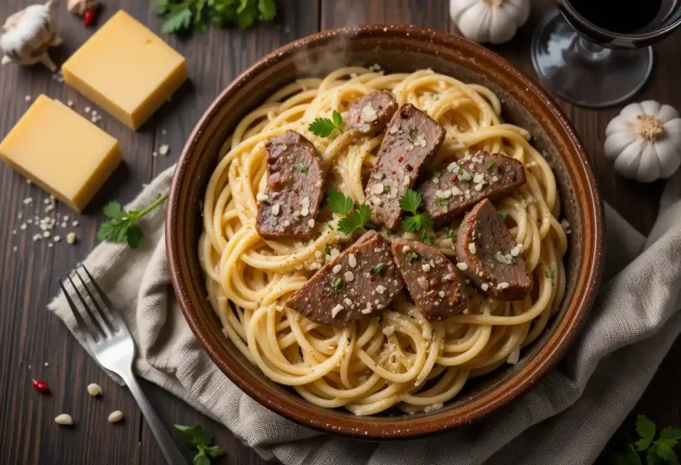 "Creamy garlic beef pasta served in a bowl, topped with fresh parsley and grated Parmesan, showcasing tender beef strips in a rich, velvety sauce over al dente pasta."