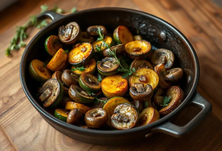 "Golden-brown crispy zucchini slices and tender mushrooms sautéed in a rustic cast-iron skillet, garnished with fresh thyme and parsley, drizzled with olive oil, showcasing the vibrant textures and natural colors of this healthy dish."