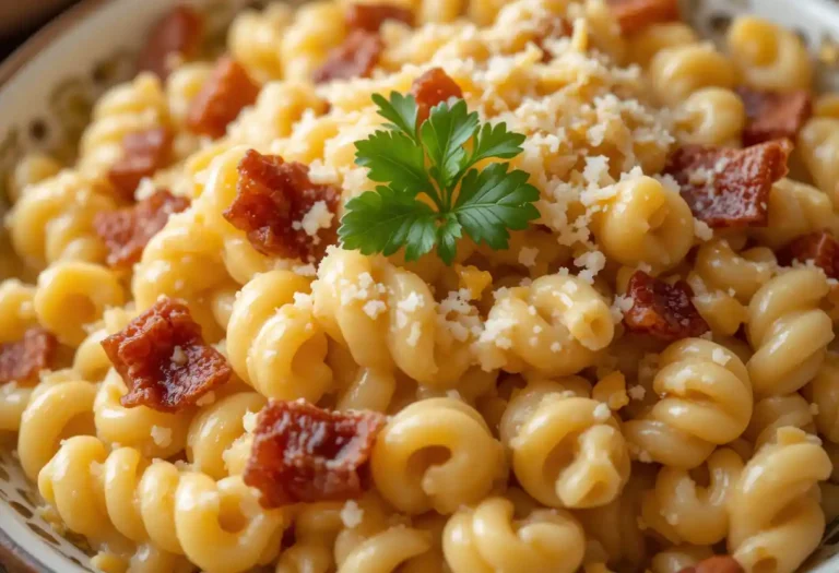 "Cheesy bacon cavatappi pasta with creamy cheese sauce, crispy bacon bits, and perfectly cooked spiral noodles, served hot in a skillet for the ultimate comfort food experience."
