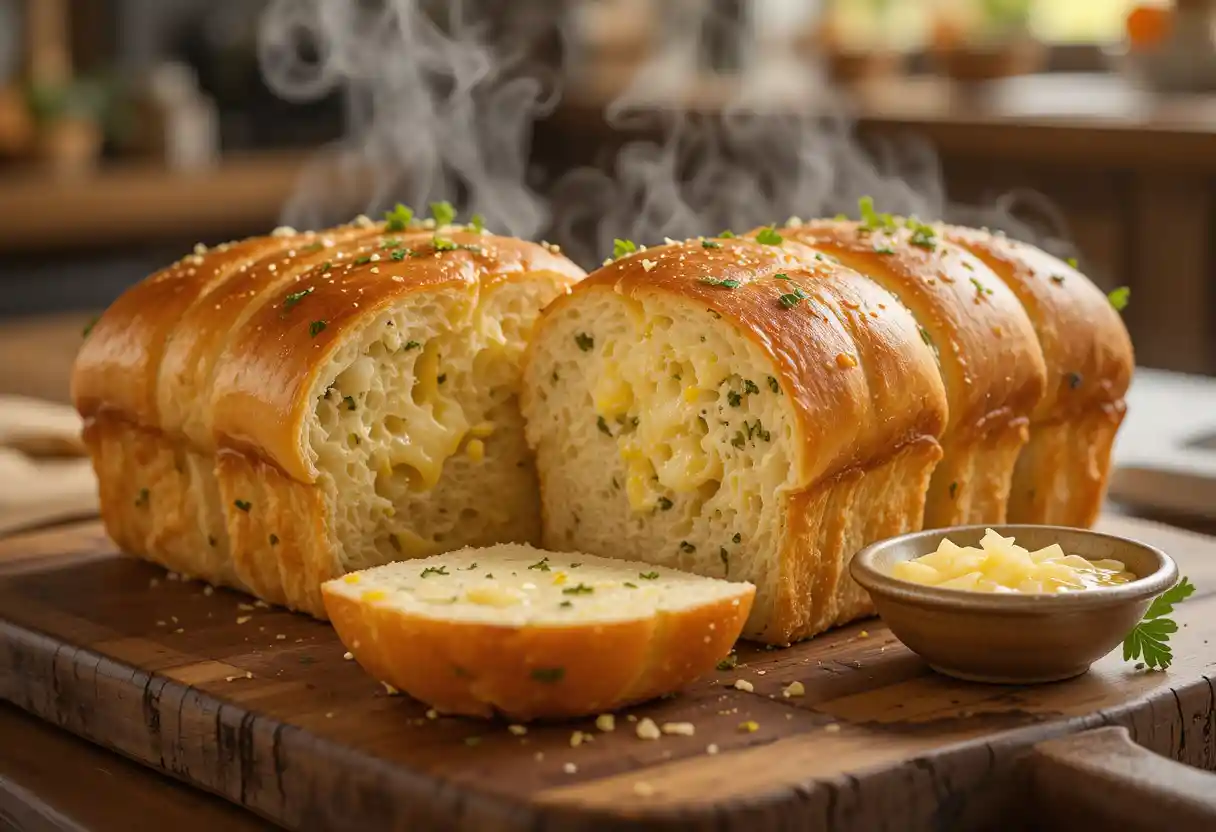 "Golden, buttery Red Lobster-style bread loaf sliced open to reveal a cheesy, fluffy interior, topped with garlic, herbs, and melted cheddar, served on a wooden board with herb butter for dipping."