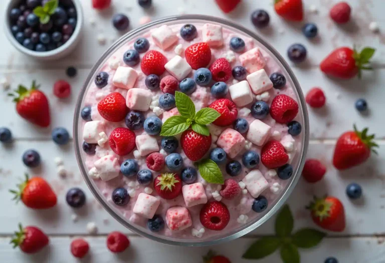 "Very Berry Fluffy Salad in a glass bowl, featuring a creamy whipped mixture with strawberries, blueberries, raspberries, and mini marshmallows, garnished with fresh mint leaves."