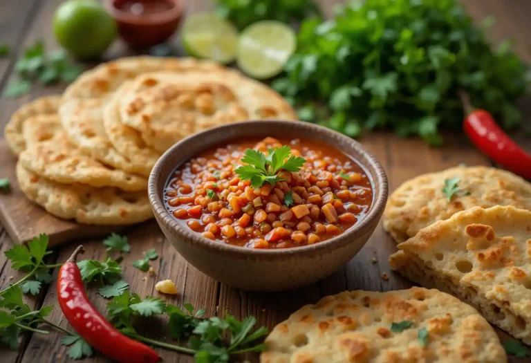 A vibrant bowl of Colombian Hogao sauce surrounded by golden, crispy arepas, fresh cilantro, lime wedges, and whole chili peppers, showcasing the richness and color of traditional Colombian cuisine.