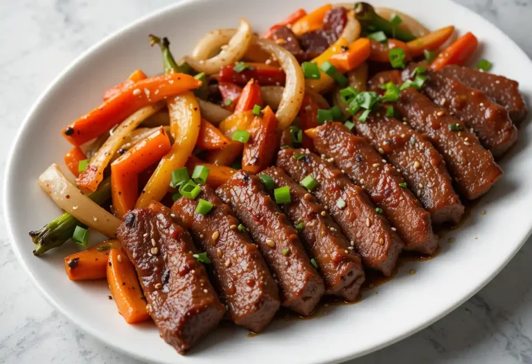 "Sheet pan filled with thinly sliced beef bulgogi, caramelized edges and colorful vegetables, fresh out of the oven for an easy Korean-inspired dinner."
