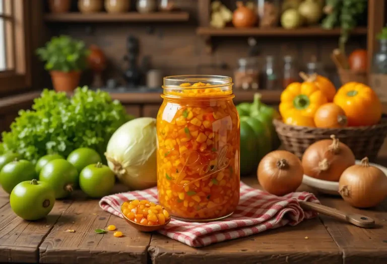 A rustic wooden kitchen table displaying fresh ingredients like green tomatoes, cabbage, bell peppers, and onions, alongside a vintage glass jar filled with vibrant homemade Southern chow chow relish. A wooden spoon with relish rests on a checkered napkin, evoking a cozy, farmhouse-style kitchen atmosphere with warm lighting and nostalgic charm.