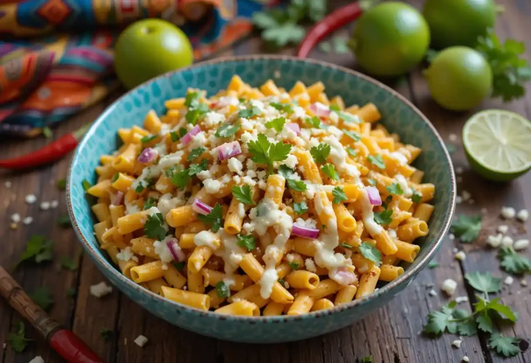 Colorful bowl of Mexican street corn pasta featuring grilled corn kernels, creamy sauce, crumbled cotija cheese, chopped cilantro, lime wedges, and jalapeño slices served in a rustic ceramic dish on a wooden table with a vibrant Mexican napkin in the background.