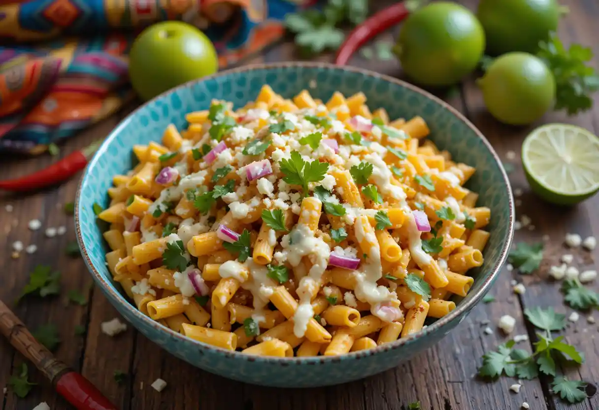 Colorful bowl of Mexican street corn pasta featuring grilled corn kernels, creamy sauce, crumbled cotija cheese, chopped cilantro, lime wedges, and jalapeño slices served in a rustic ceramic dish on a wooden table with a vibrant Mexican napkin in the background.