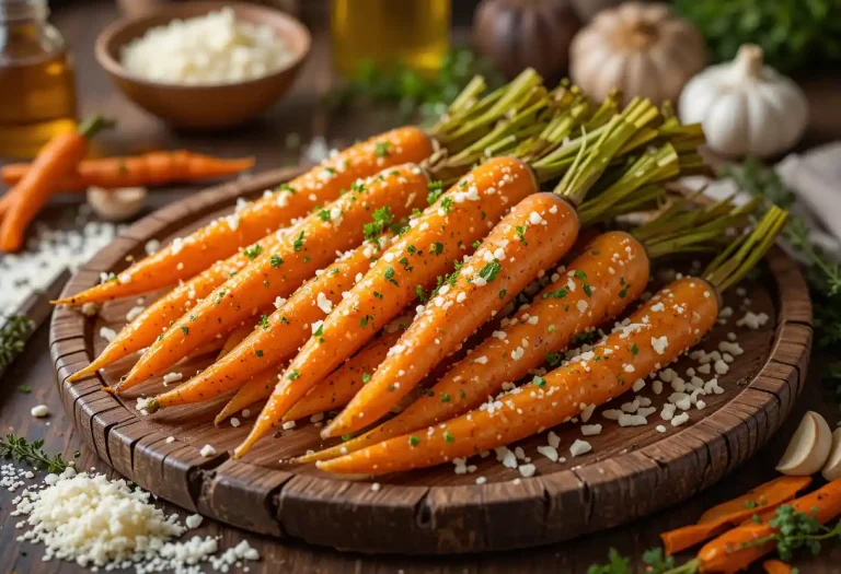 "Golden crispy parmesan carrots, perfectly roasted with a cheesy crust and tender center, served as a flavorful and irresistible side dish."