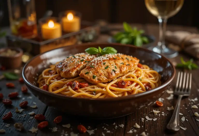 Alt text: Creamy Marry Me Chicken Pasta served in a rustic bowl, topped with sliced seared chicken breasts, sun-dried tomatoes, fresh basil, and parmesan, with a romantic candlelit dinner setup in the background.