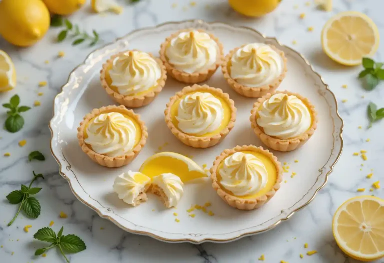“Delicate mini lemon tarts with golden meringue peaks, showcasing a vibrant citrus curd center, garnished with fresh mint and lemon zest on a marble platter.”