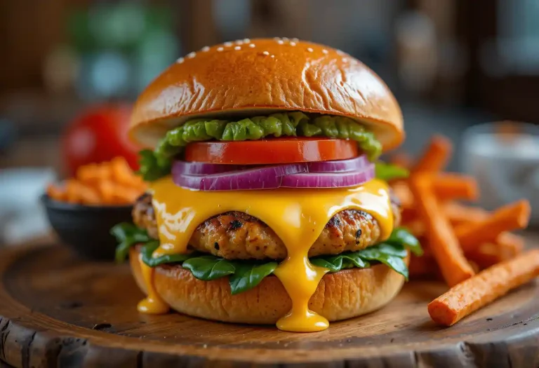 "Juicy cheddar spinach chicken burgers stacked with melted cheese, fresh greens, and grilled patties, served on toasted buns for a flavorful and nutritious meal."