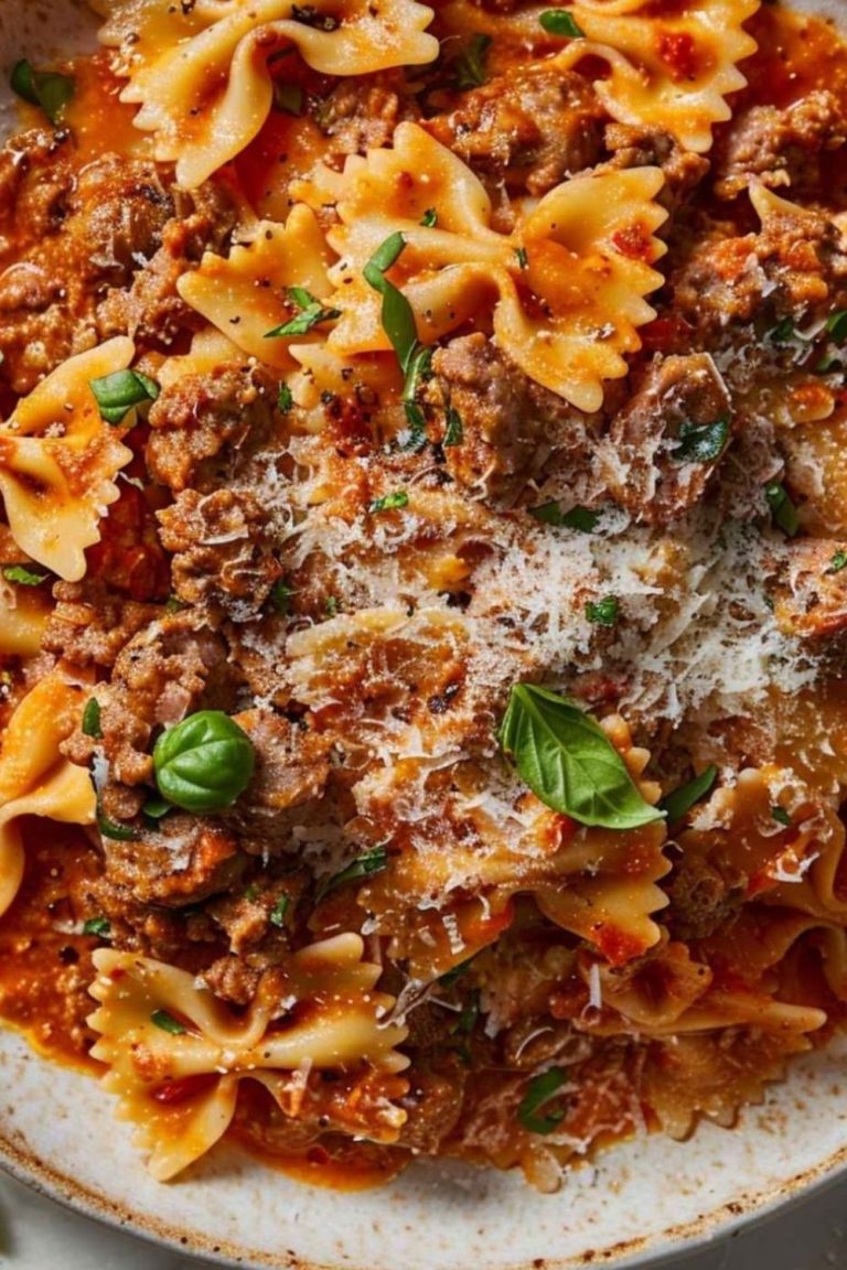 Alt text: A delicious plate of pasta with Italian sausage, featuring a mix of spicy and sweet sausage, topped with fresh herbs and served with a rich tomato sauce, perfect for a weeknight dinner.