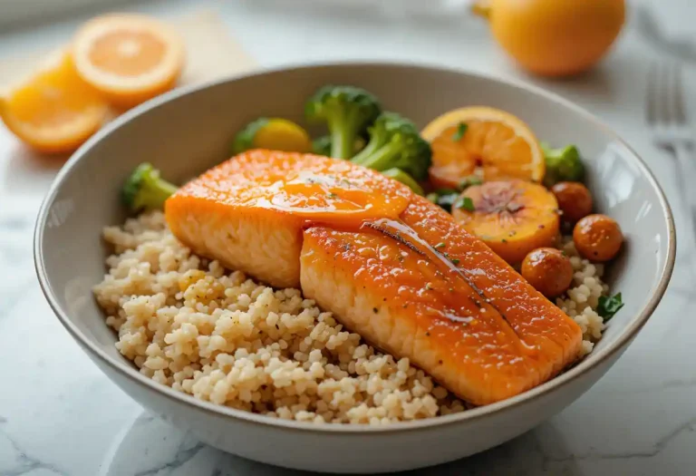 "Vibrant salmon bowl featuring glazed orange ginger salmon, served with steamed rice, fresh vegetables, and a drizzle of tangy orange sauce, creating a nutritious and flavorful meal."