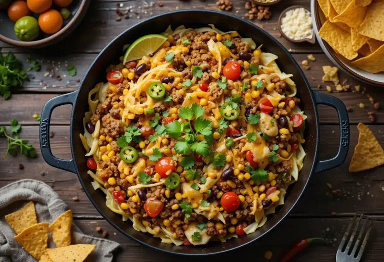 "Tex Mex cabbage skillet loaded with sautéed cabbage, ground meat, black beans, corn, and bold spices, garnished with fresh cilantro and lime for a colorful, hearty comfort meal."
