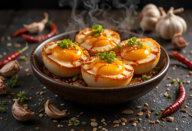 "Spicy chili garlic eggs with crispy edges and runny yolks, topped with red chili oil, fresh garlic, and green onions, served hot for a bold and flavorful dish."