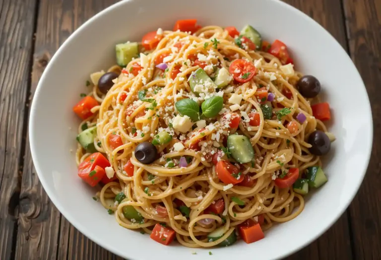 "Colorful California Spaghetti Salad served in a large bowl, featuring cooked spaghetti noodles, cherry tomatoes, cucumbers, bell peppers, red onions, olives, and Italian dressing, garnished with fresh parsley."