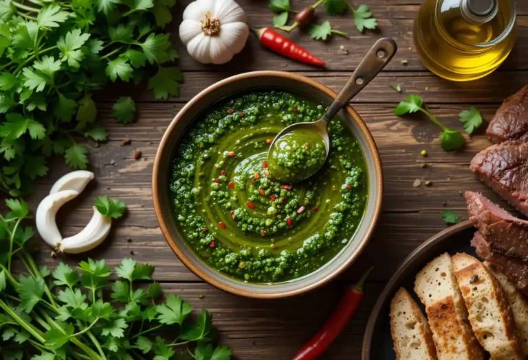Bowl of freshly made chimichurri sauce on a rustic wooden table, surrounded by fresh parsley, garlic cloves, red chili peppers, and olive oil, with grilled steak and crusty bread on the side.