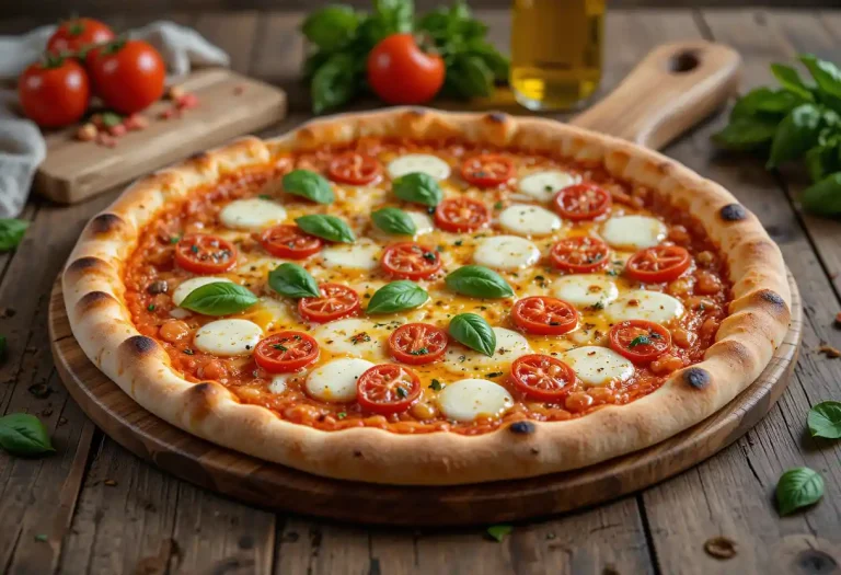 "Close-up of artisan pizza dough on a floured surface, showing its airy texture and stretchability, ready to be topped and baked into a homemade pizza."
