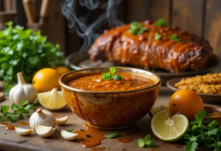 Vibrant Cuban Mojo sauce in a rustic bowl, surrounded by fresh garlic, cilantro, sour oranges, lime wedges, and golden roasted pork, showcasing the authentic flavors of Cuban cuisine.