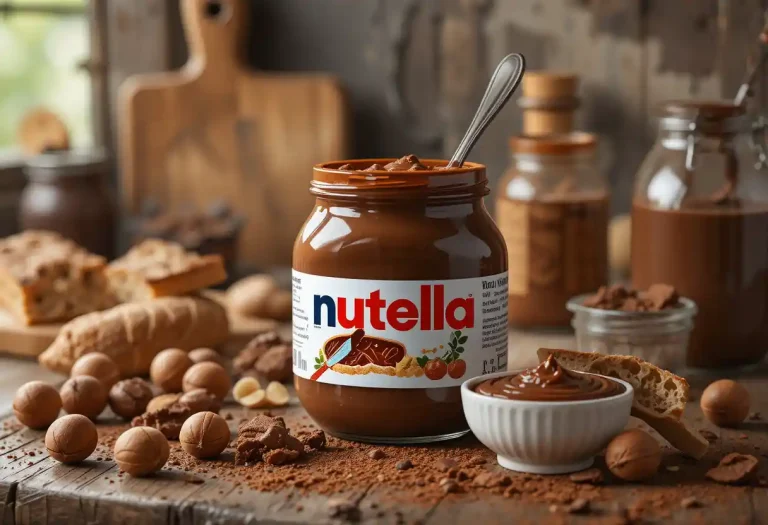 A rustic kitchen scene showcasing a jar of homemade Nutella, surrounded by roasted hazelnuts, cocoa powder, and a drizzle of chocolate. A spoon is dipped into the creamy, glossy spread, with a slice of rustic bread partially covered in Nutella. Soft natural light highlights the rich, indulgent textures in a warm, inviting farmhouse kitchen setting.
