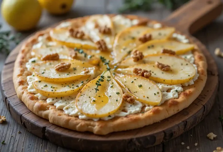 "Delicious pear and gorgonzola flatbread with golden pears, creamy gorgonzola cheese, fresh thyme, and a drizzle of honey, served on a rustic wooden board."