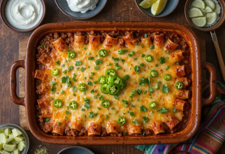 "Overhead view of a beef enchilada casserole in a ceramic baking dish, topped with melted cheese, fresh cilantro, and sliced jalapeños, served with avocado, sour cream, and lime wedges on a rustic wooden table."
